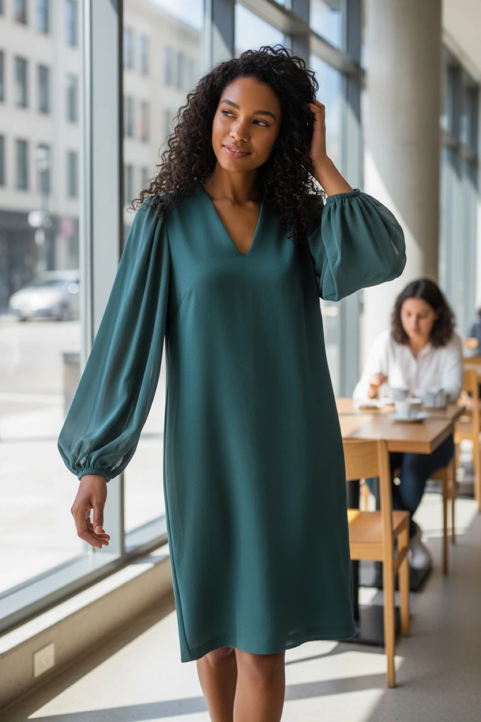 Vince Camuto Dark Green Puff Sleeve Dress