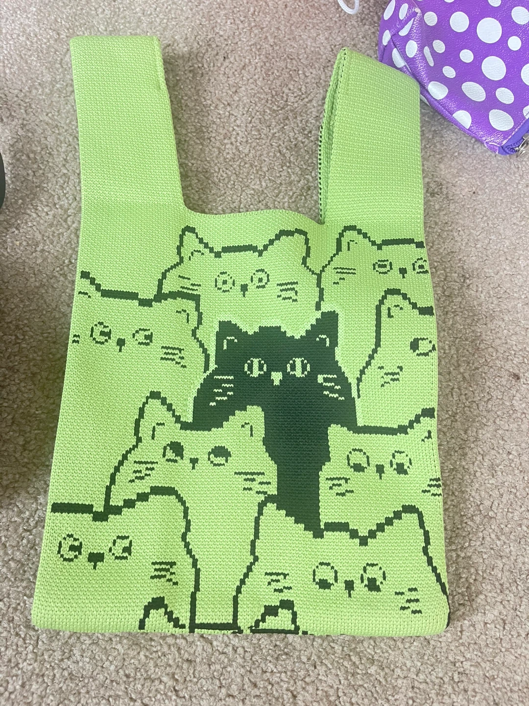 Lime Green Knit Tote Bag with Cats