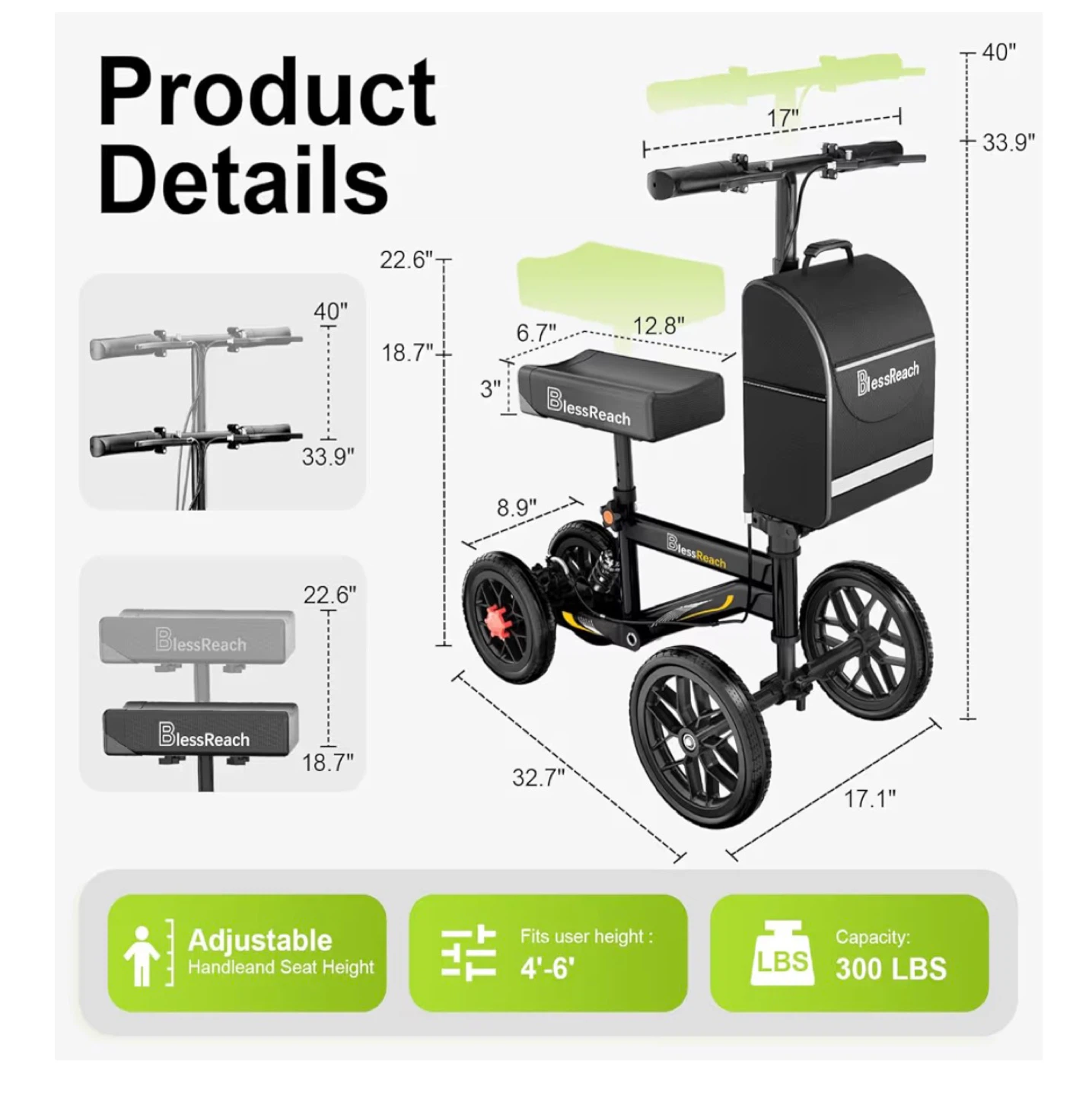 BlessReach Knee Scooter Walker with Bag K150 - photo 2