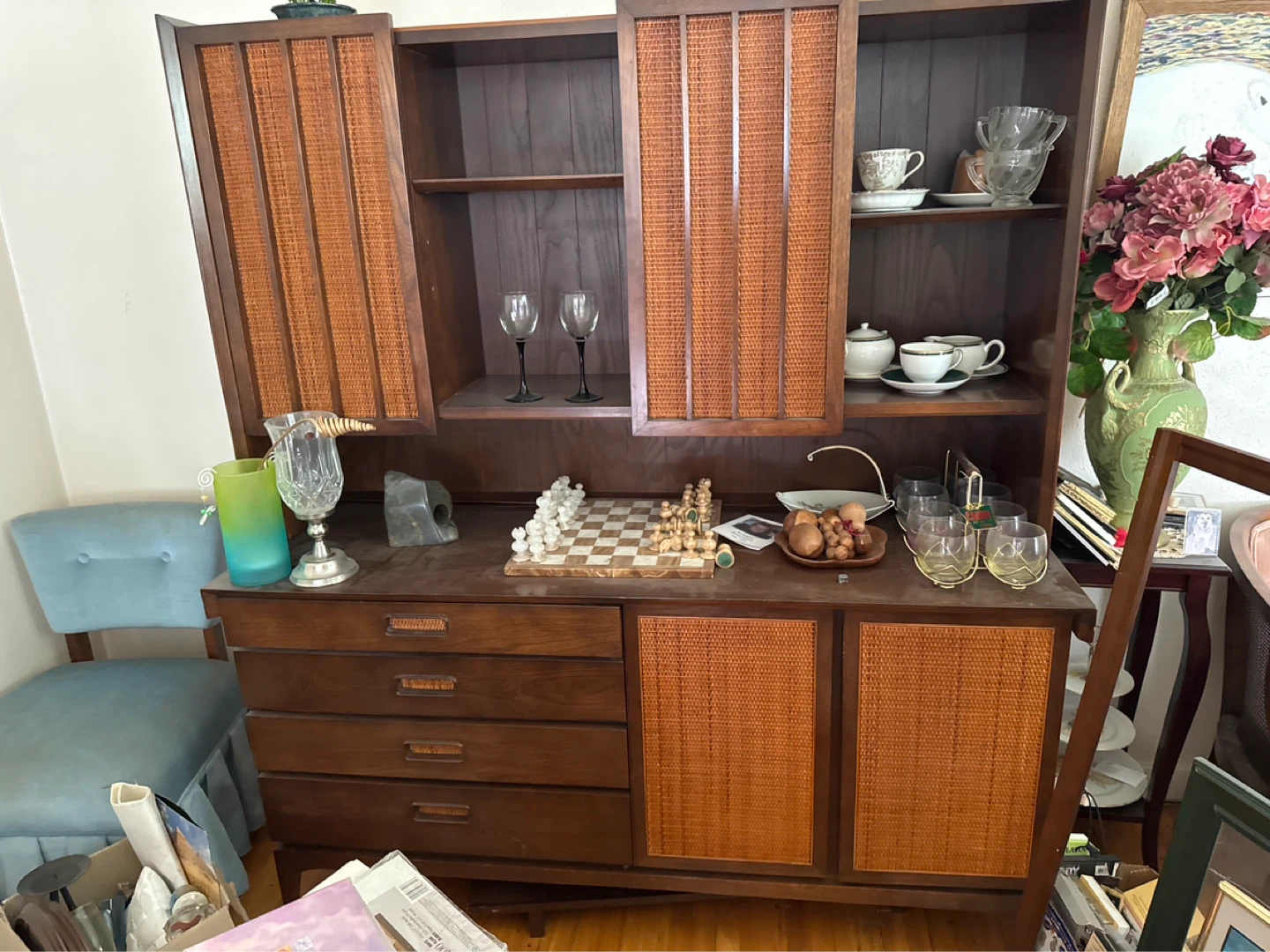 Mid-century Modern Wood and Cane Cabinet
