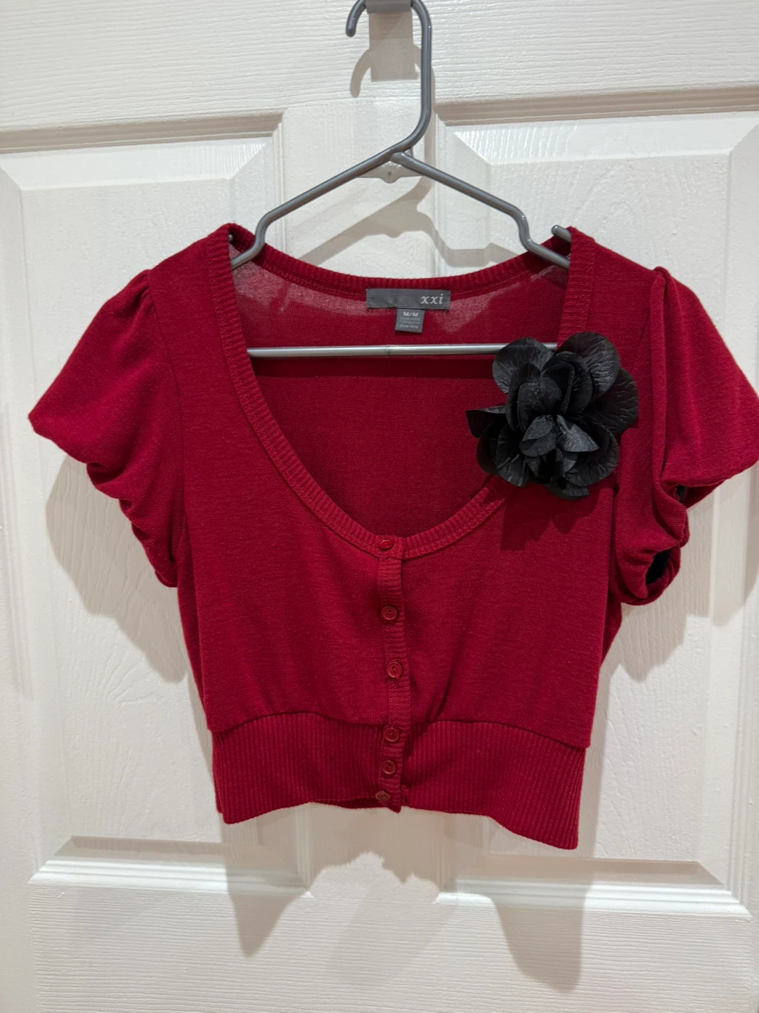 Red Cardigan with Black Flower