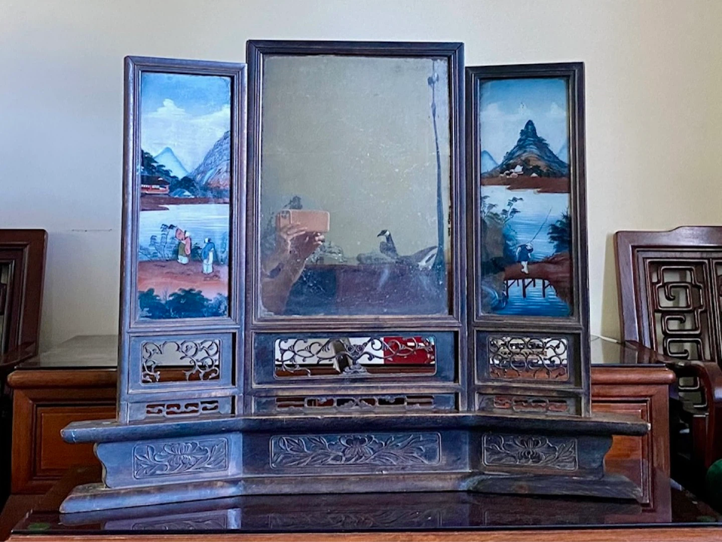 Antique Decorative Triptych Mirror with hand Painted artwork - photo 3