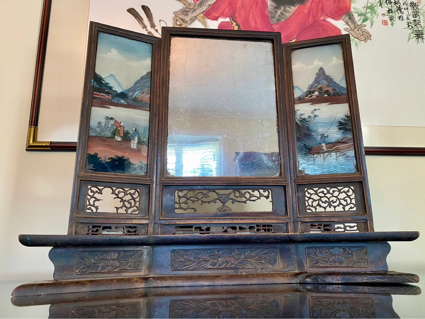Antique Decorative Triptych Mirror with hand Painted artwork