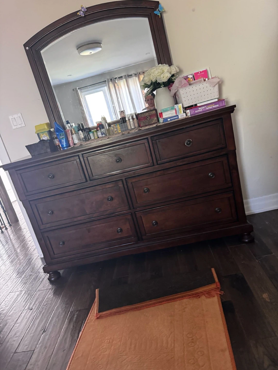 Dark Wood Dresser with Mirror and Nightstand