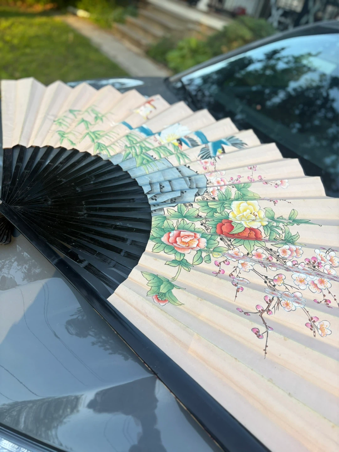 Hand Fan with Floral and Bird Design