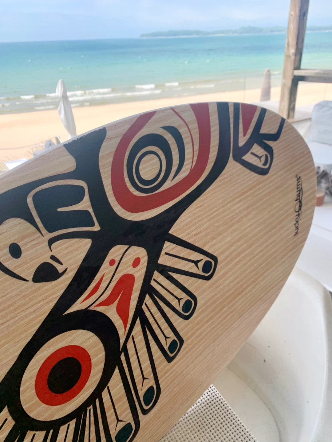 Lucky Bums Wood Skimboard w the Indigenous-inspired eagle design