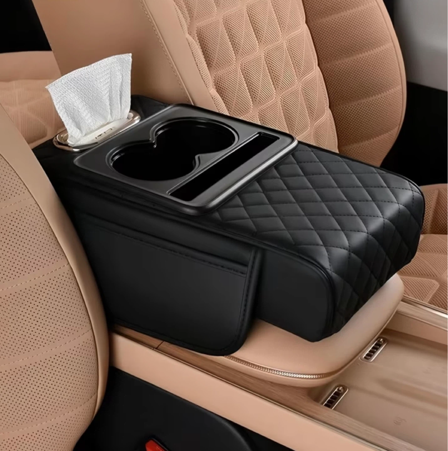 Quilted Car Armrest Organizer with Cup Holders