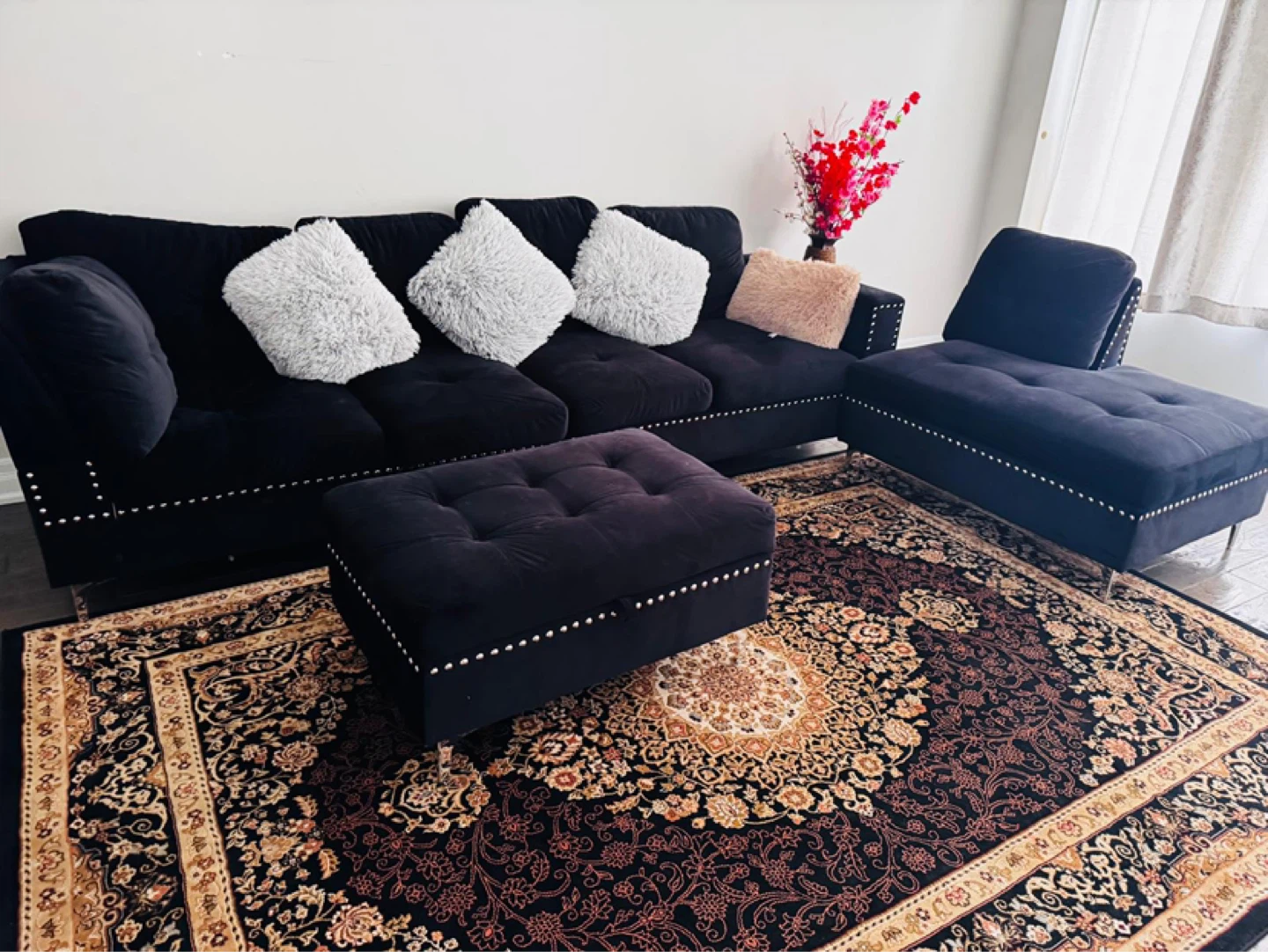 Black Velvet Sectional Sofa with Ottoman