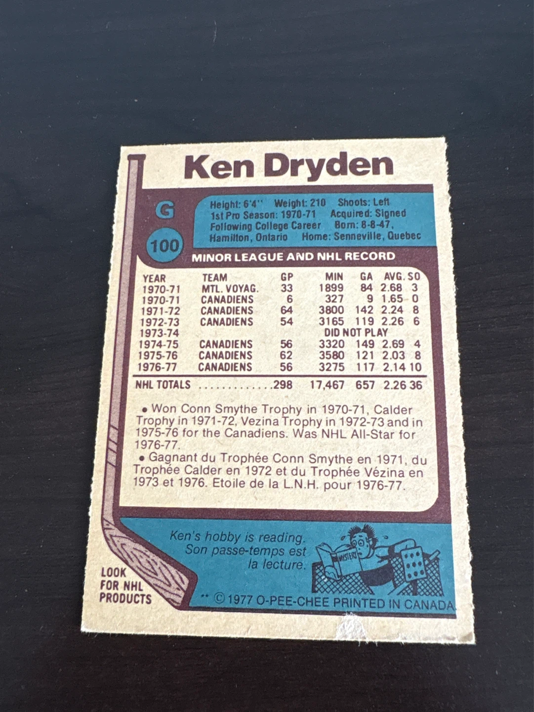 Ken Dryden 1977 O-Pee-Chee Hockey Card - photo 2