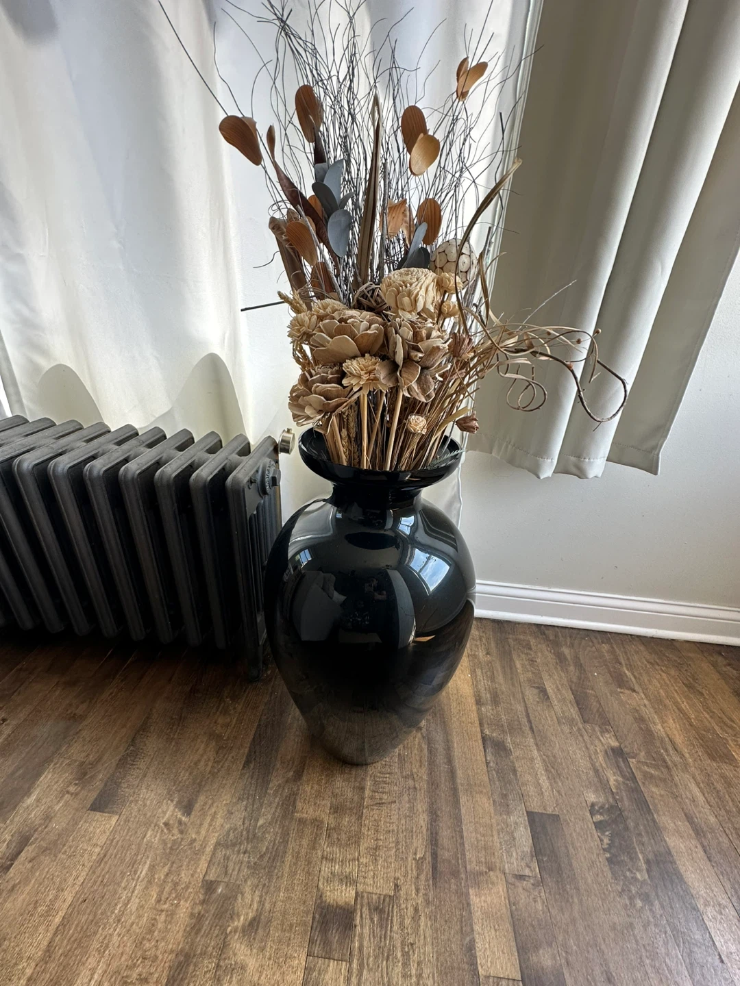 Large Black Vase with Dried Floral Arrangement
