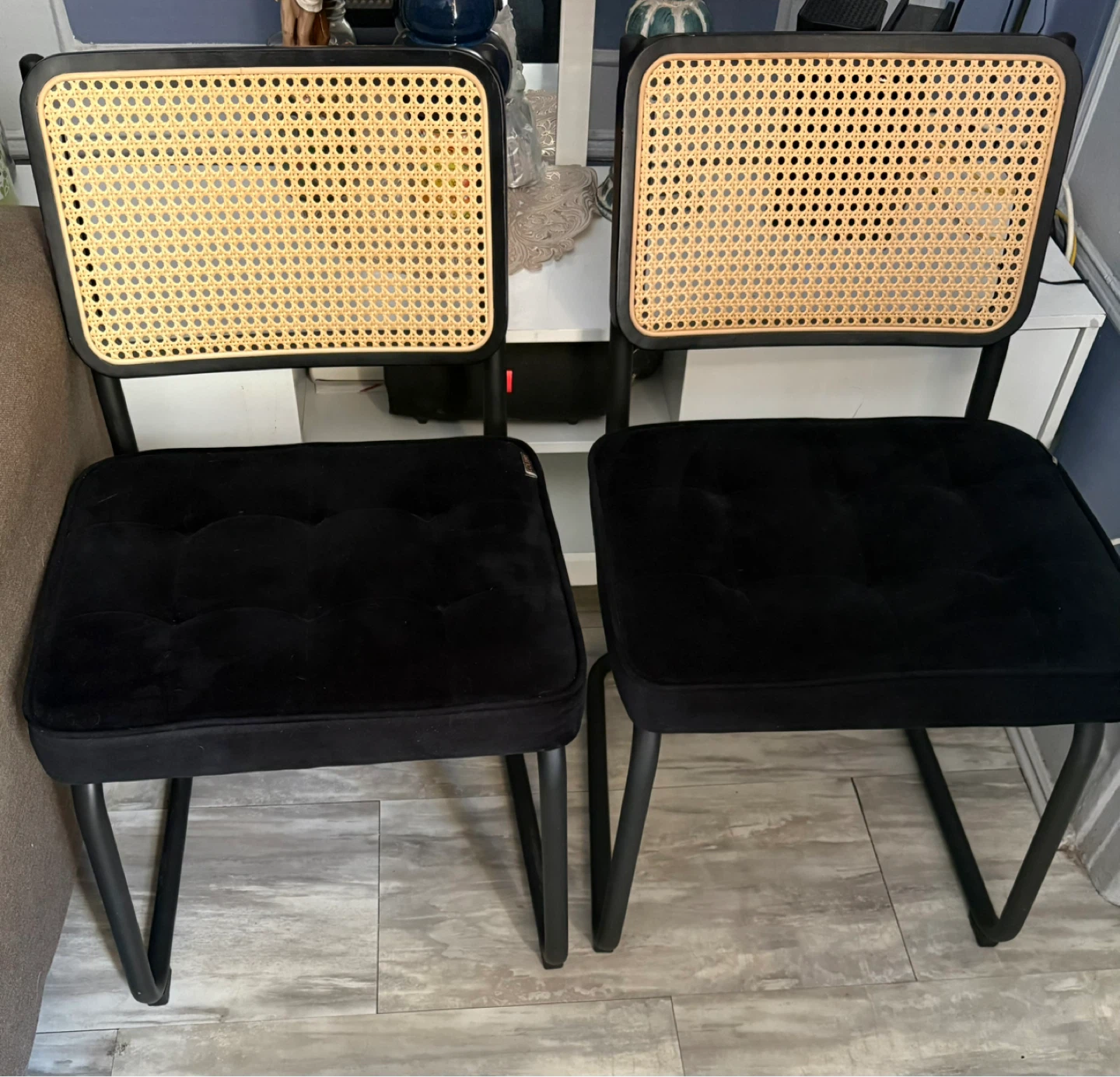 Set of 2 Black Velvet Rattan Chairs