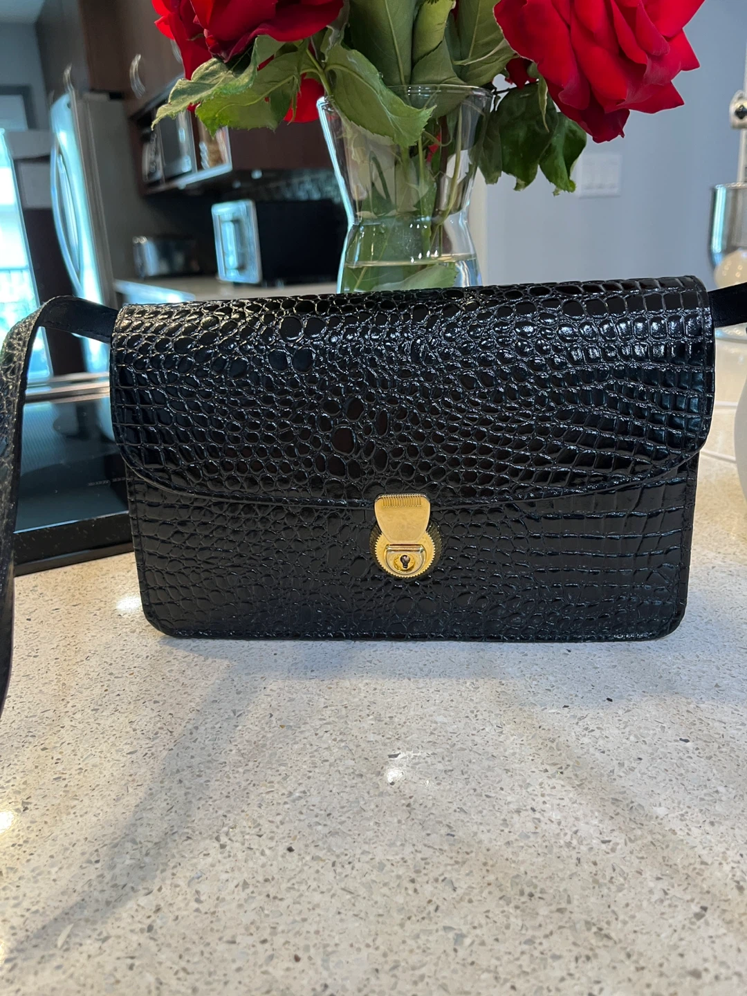 Black Faux Croc Shoulder Bag
