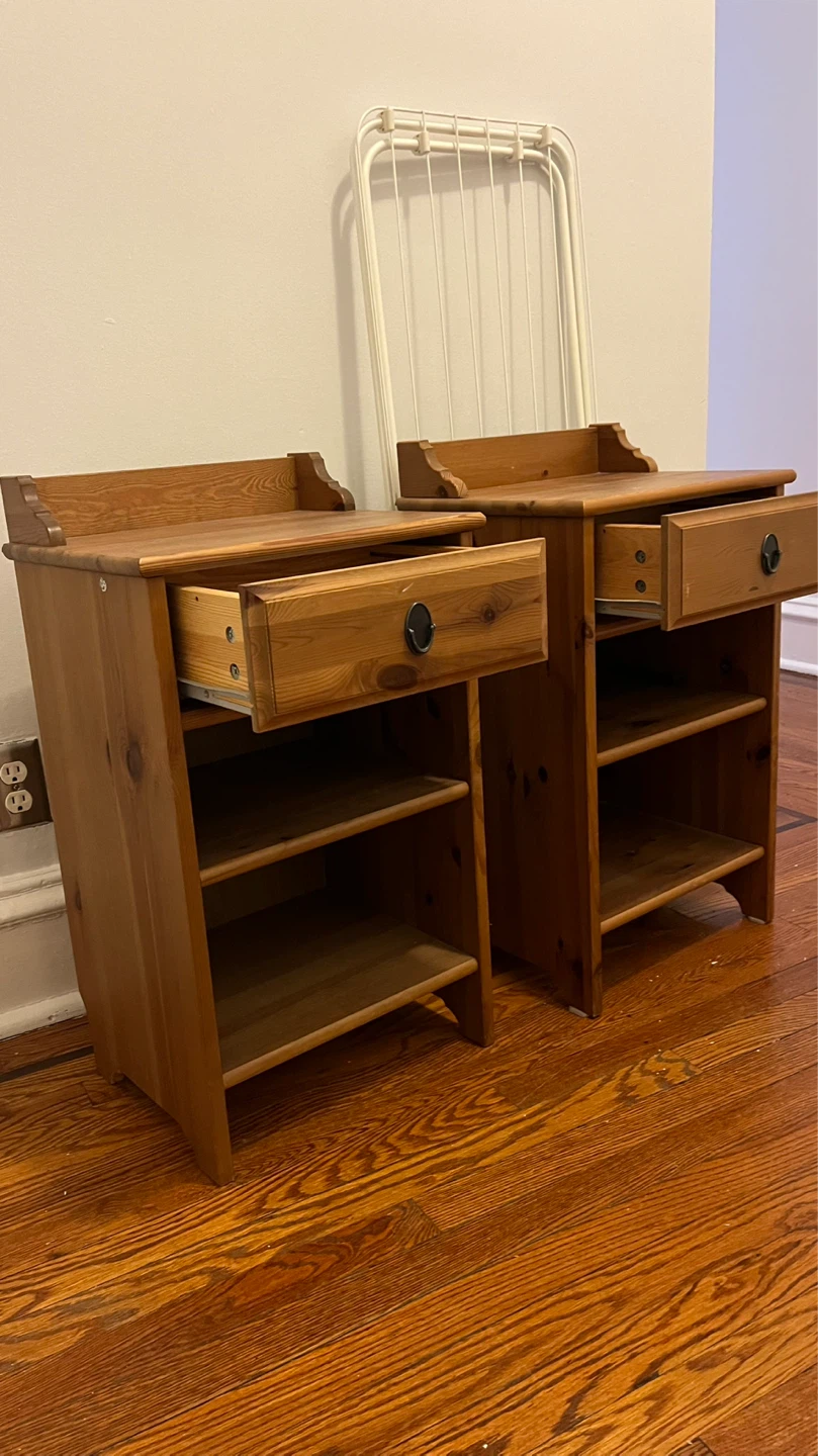 Pair of Wooden Nightstands with Drawers and Shelves