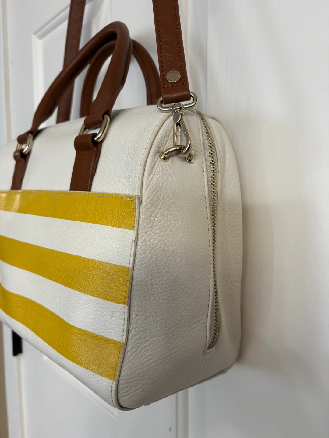 Danier White and Yellow Striped Satchel Purse - photo 3