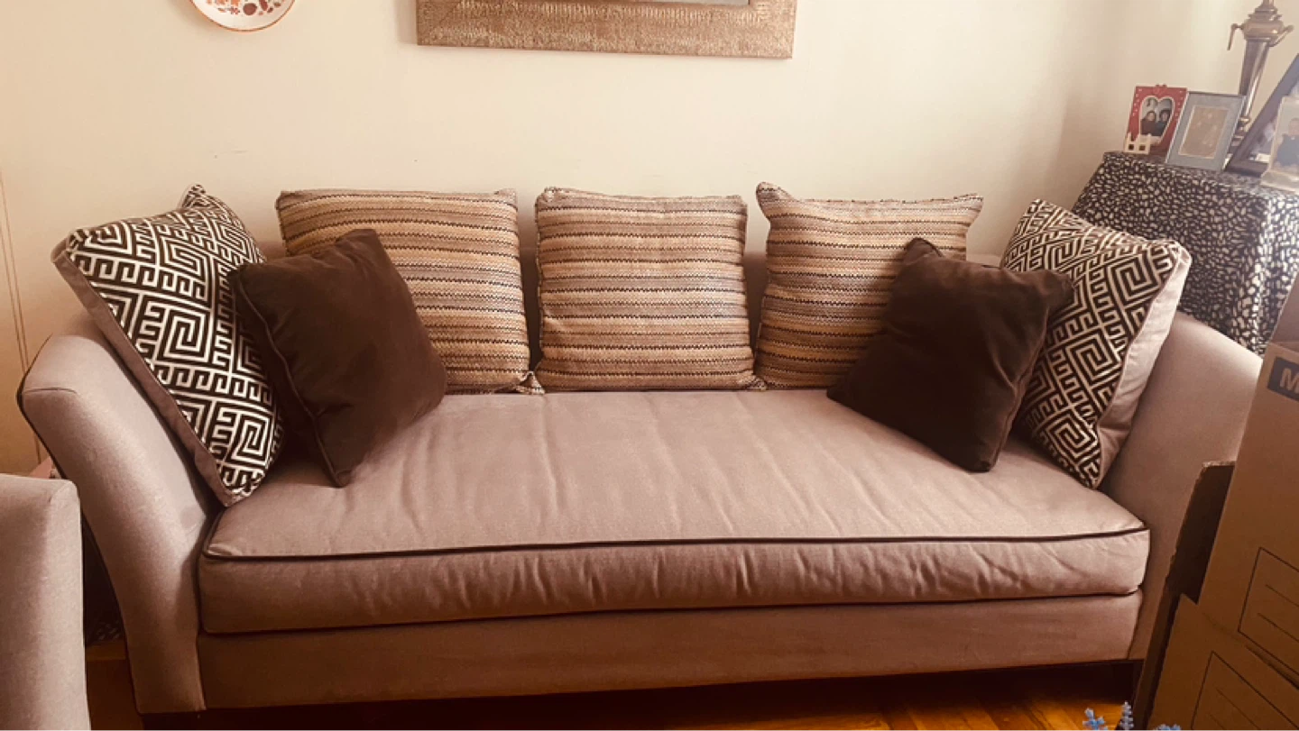 Beige Sofa with Accent Pillows Raymour & Flanigan