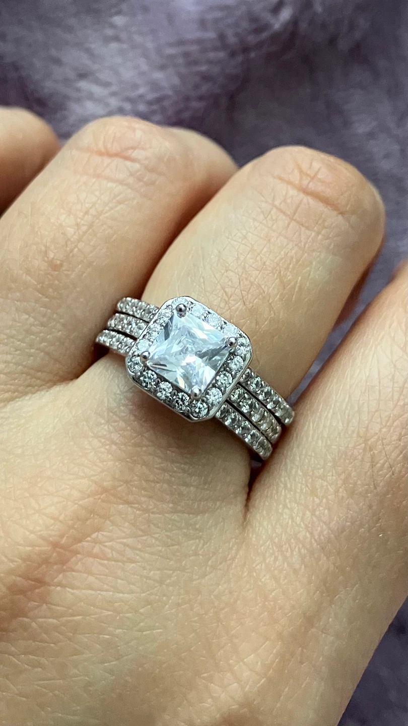 Sterling Silver Princess Cut Engagement Ring Set
