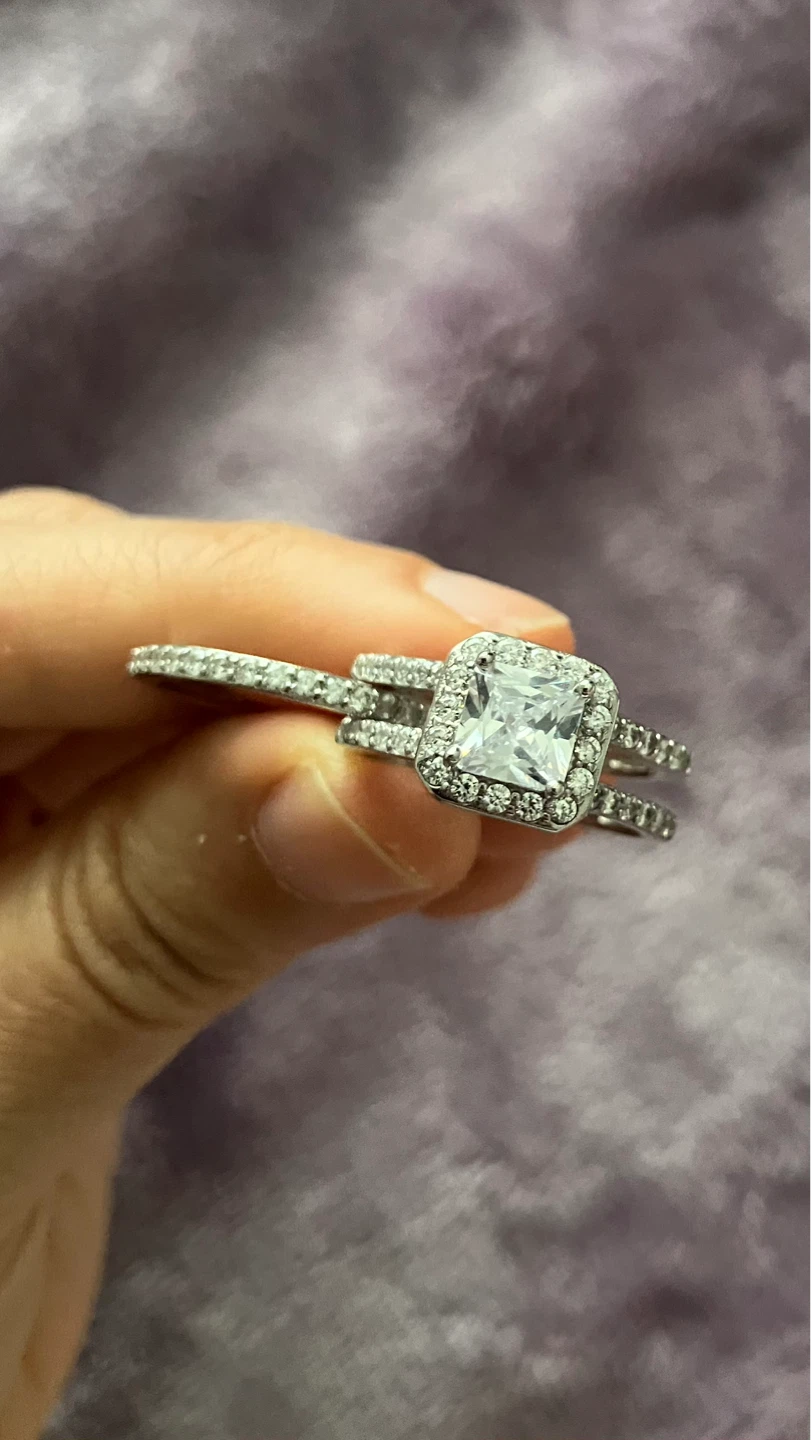 Sterling Silver Princess Cut Engagement Ring Set - photo 4