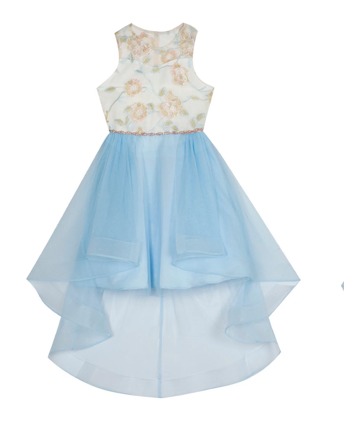 Girls Blue High-Low Tulle Dress with Floral Bodice