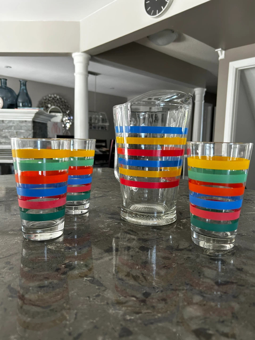 Glass Pitcher and 3 Glasses Set with Colourful Stripes