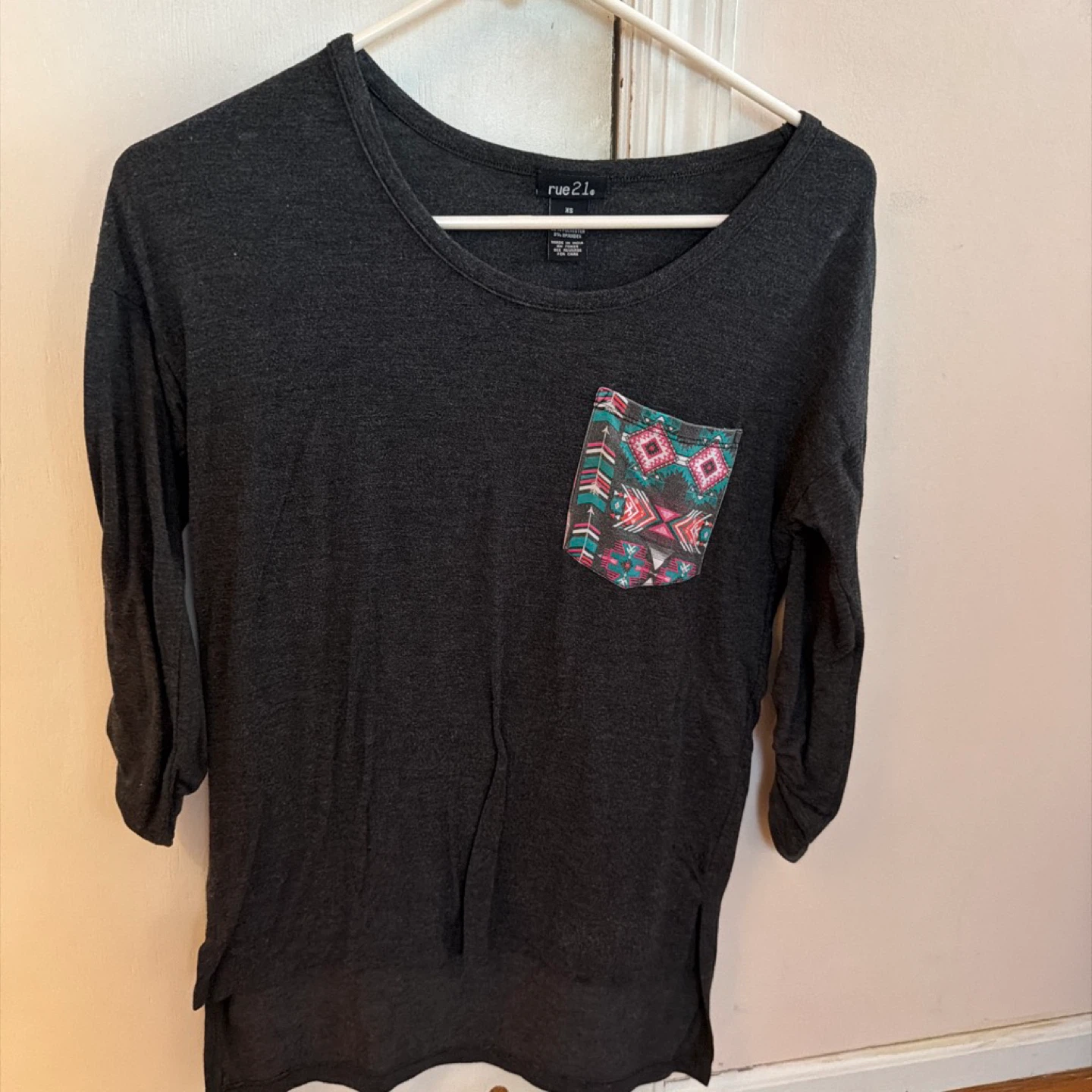 Rue 21 Charcoal Gray Top with Tribal Pocket XS
