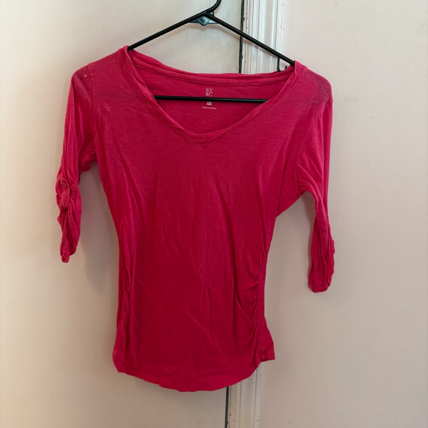 NY & Company Pink V-Neck Ruched Sleeve Top