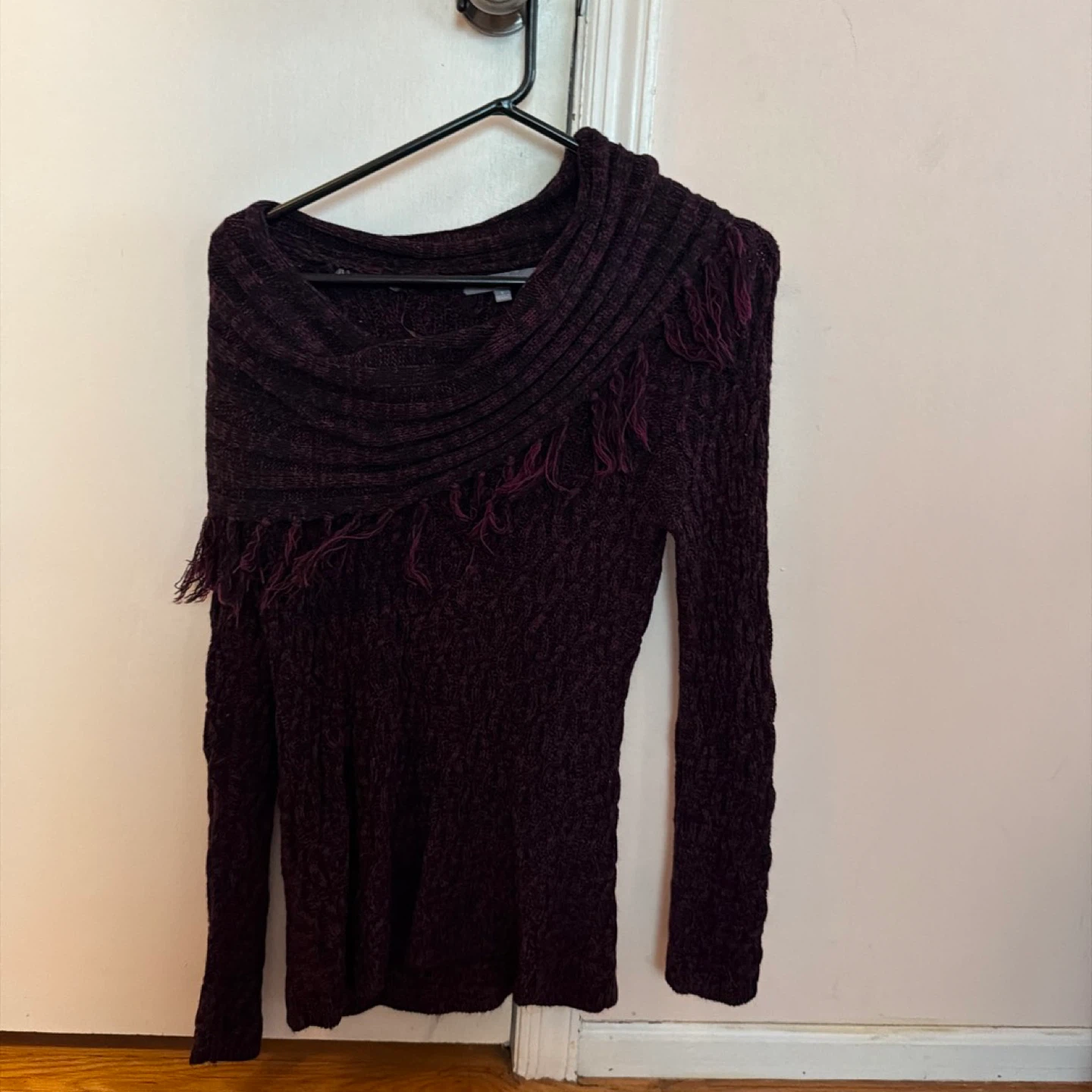 Purple Textured Cowl Neck Sweater with Fringe