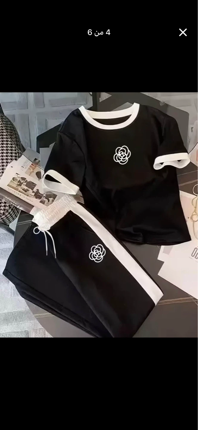 Black Two-Piece T-Shirt and Pants Set with Floral Logo - photo 3