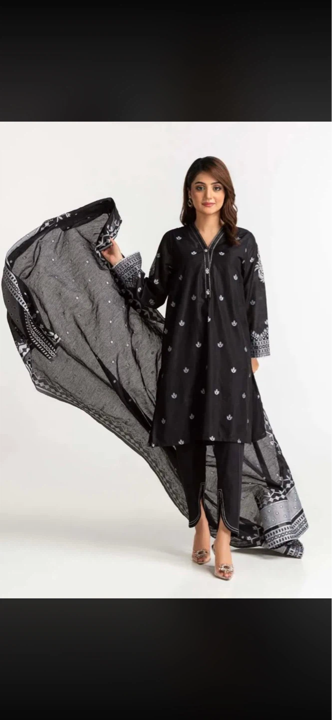 Black Embroidered Kurti with Pants and Dupatta