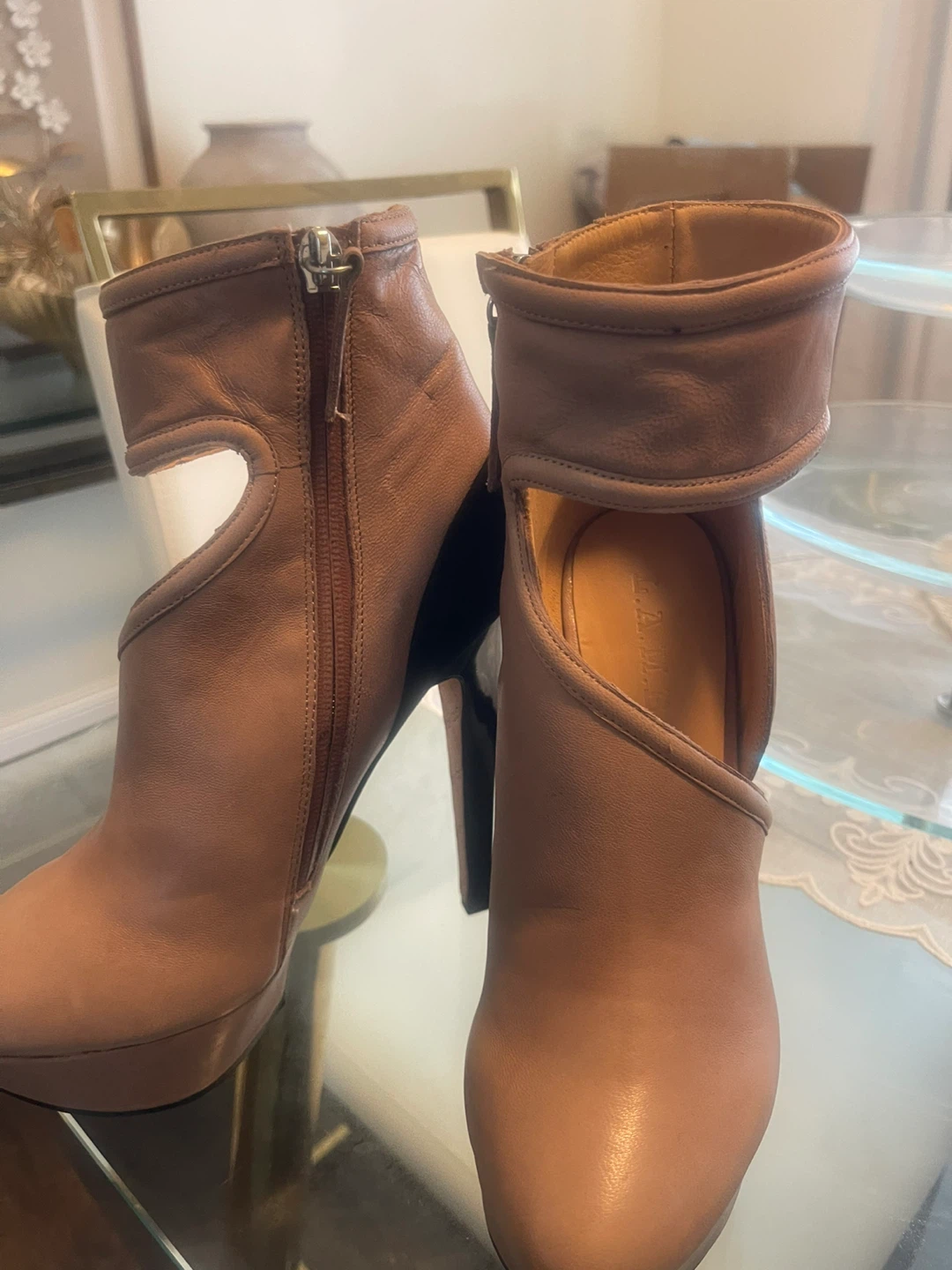 Brown Leather Cutout Platform Heel Booties