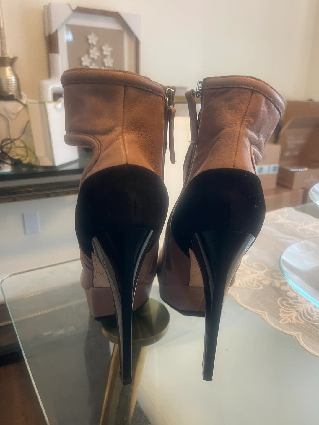 Brown Leather Cutout Platform Heel Booties - photo 4