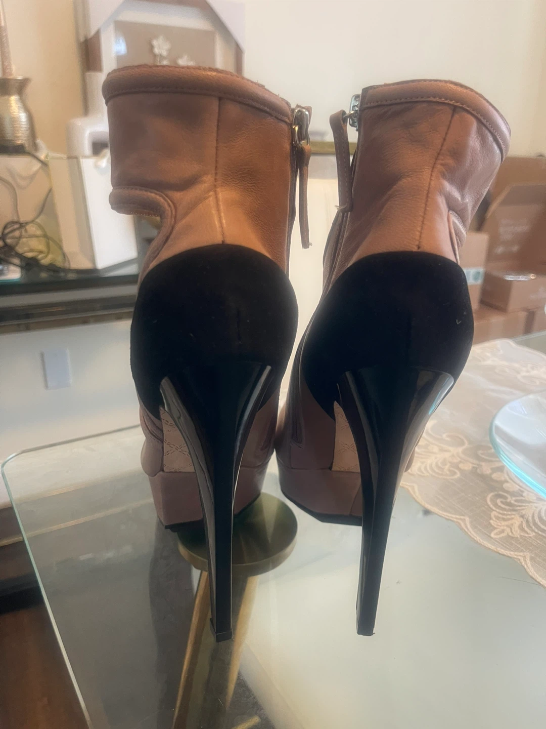 Brown Leather Cutout Platform Heel Booties - photo 5