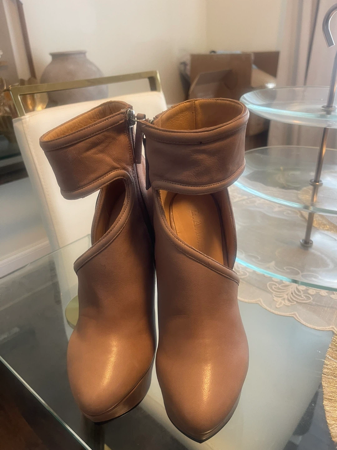 Brown Leather Cutout Platform Heel Booties - photo 2