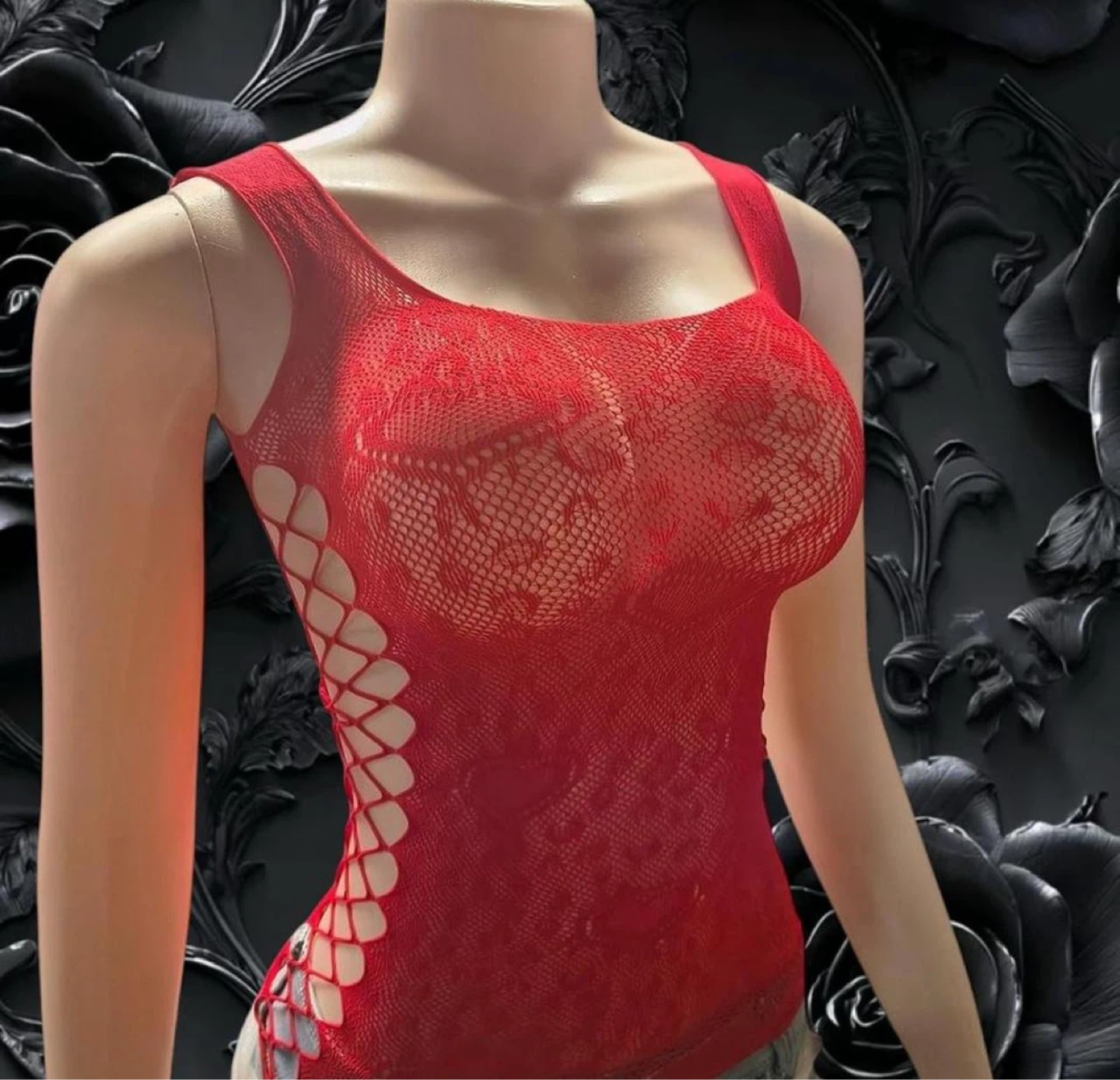 Red Fishnet Lace Tank Top