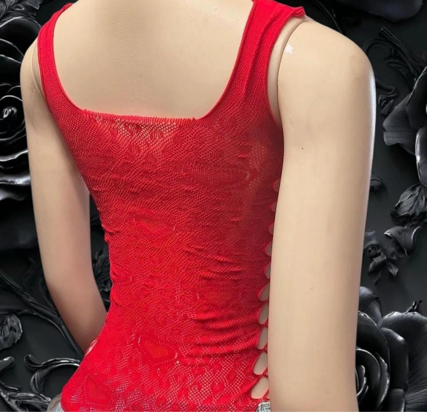 Red Fishnet Lace Tank Top - photo 2