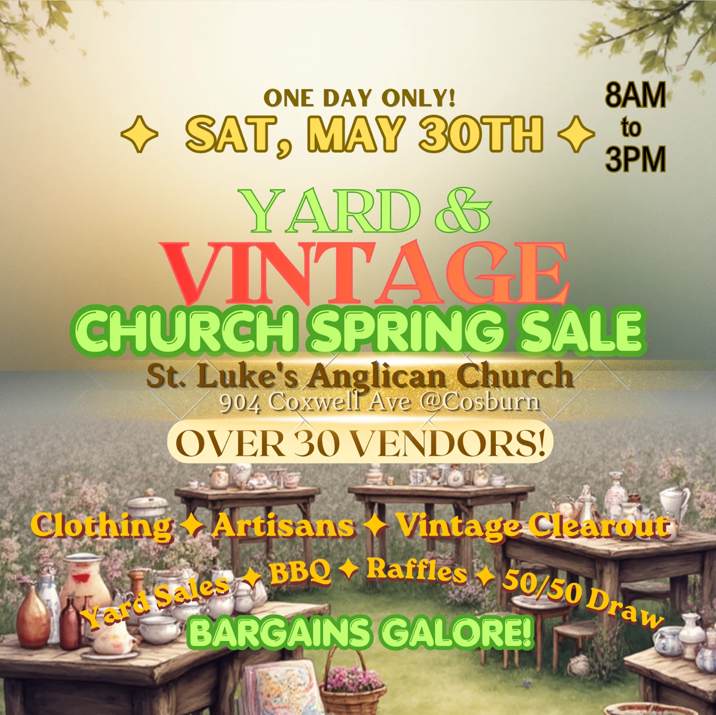 🔥HUGE VINTAGE CHURCH YARD SALE - TOMORROW ONLY! Sat: 8-3pm🔥