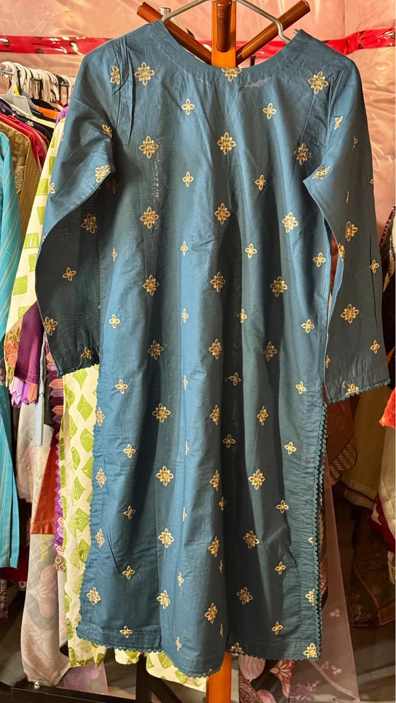 Teal Embroidered Kurti and Pants Set - photo 3