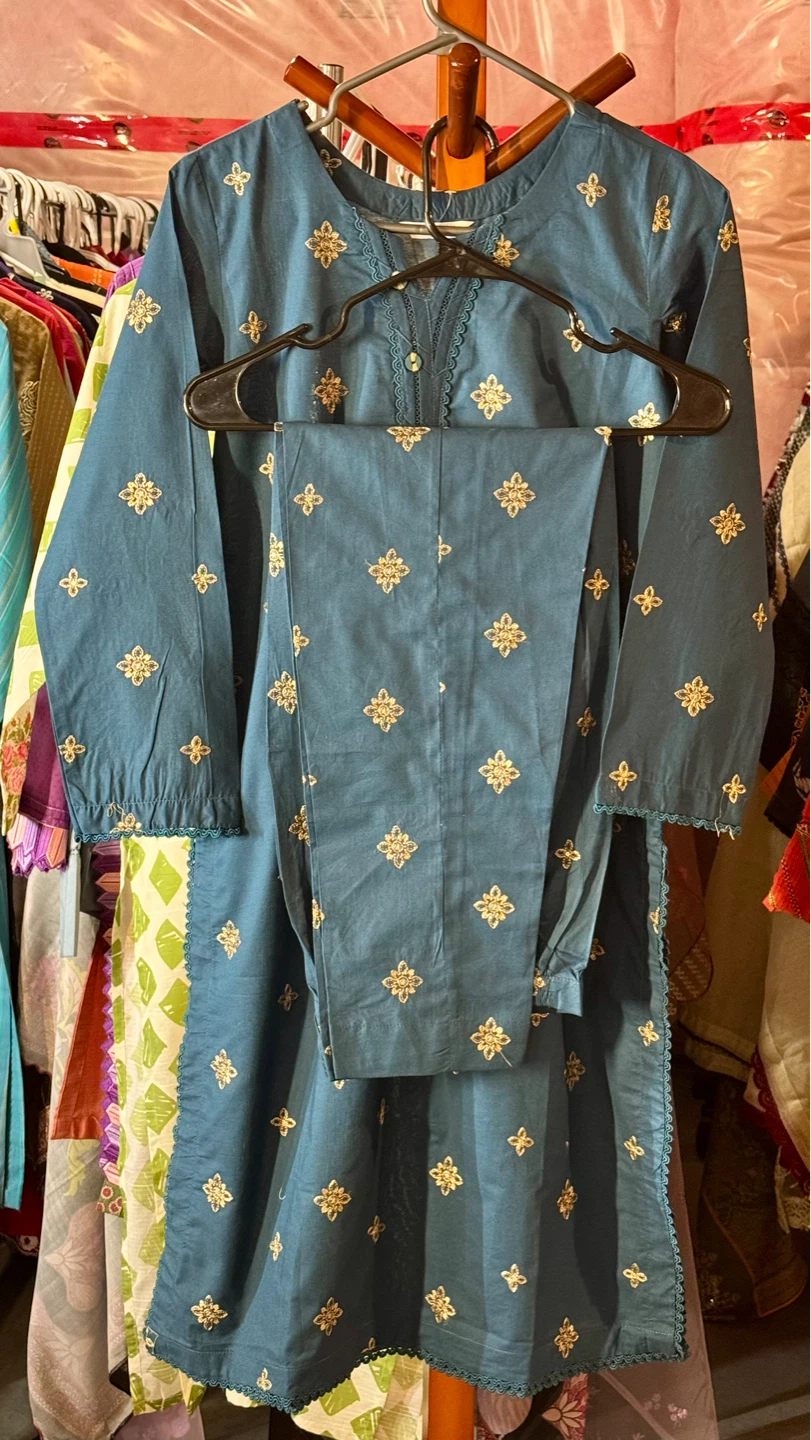 Teal Embroidered Kurti and Pants Set