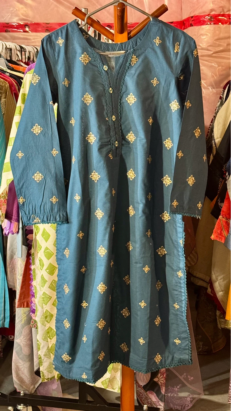 Teal Embroidered Kurti and Pants Set - photo 2