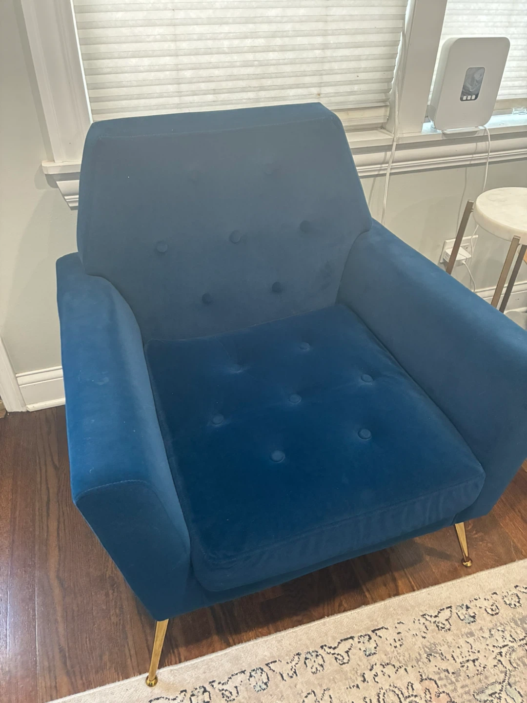 Blue Velvet Armchair with Gold Legs