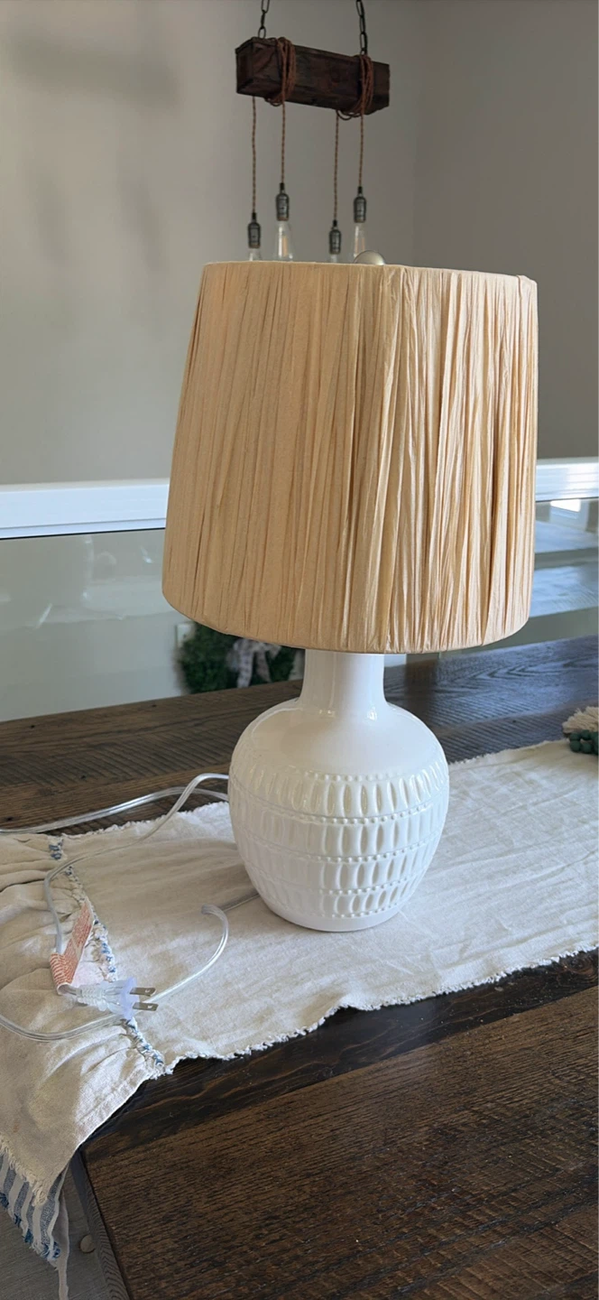 White Ceramic Table Lamp with Tan Pleated Shade