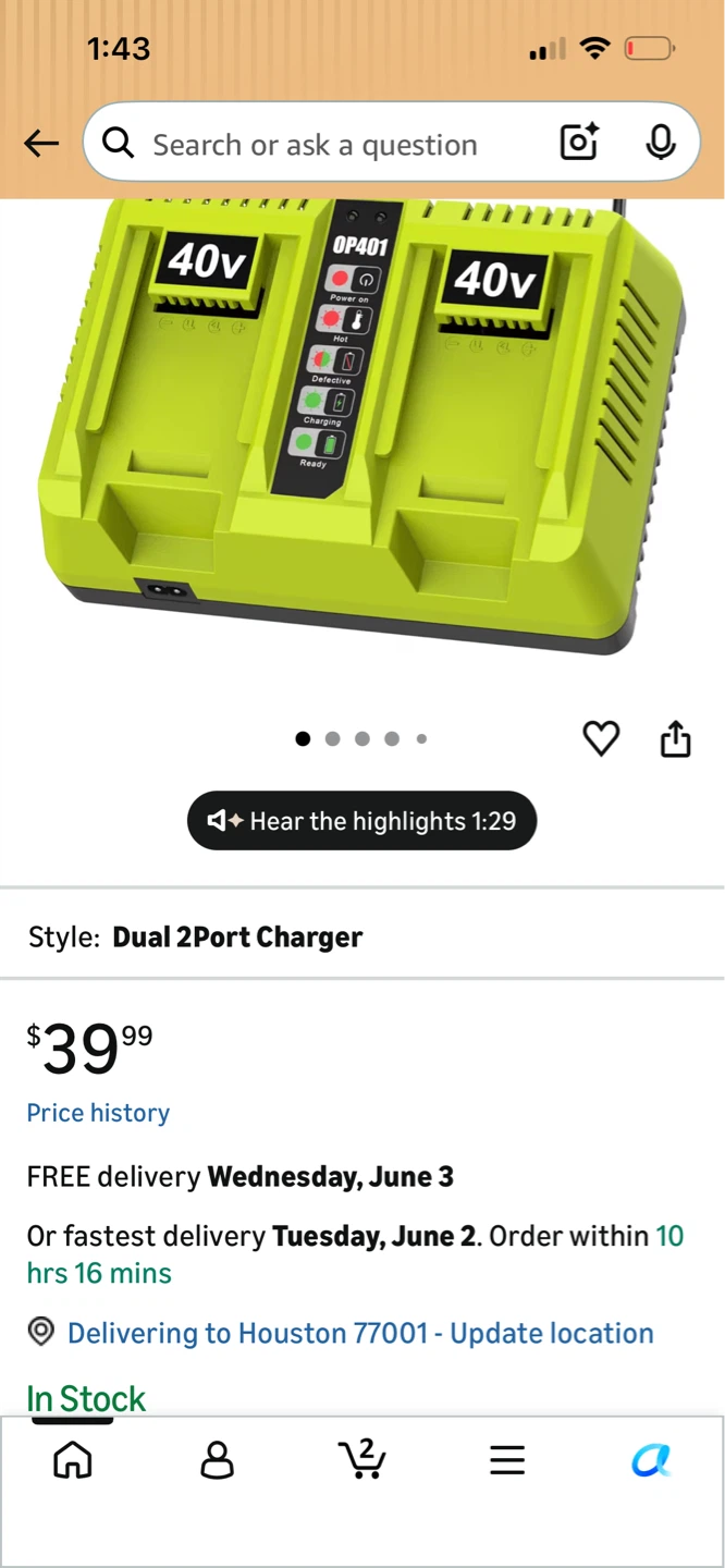 Ryobi OP401 Dual Port 40V Lithium Battery Charger - photo 2