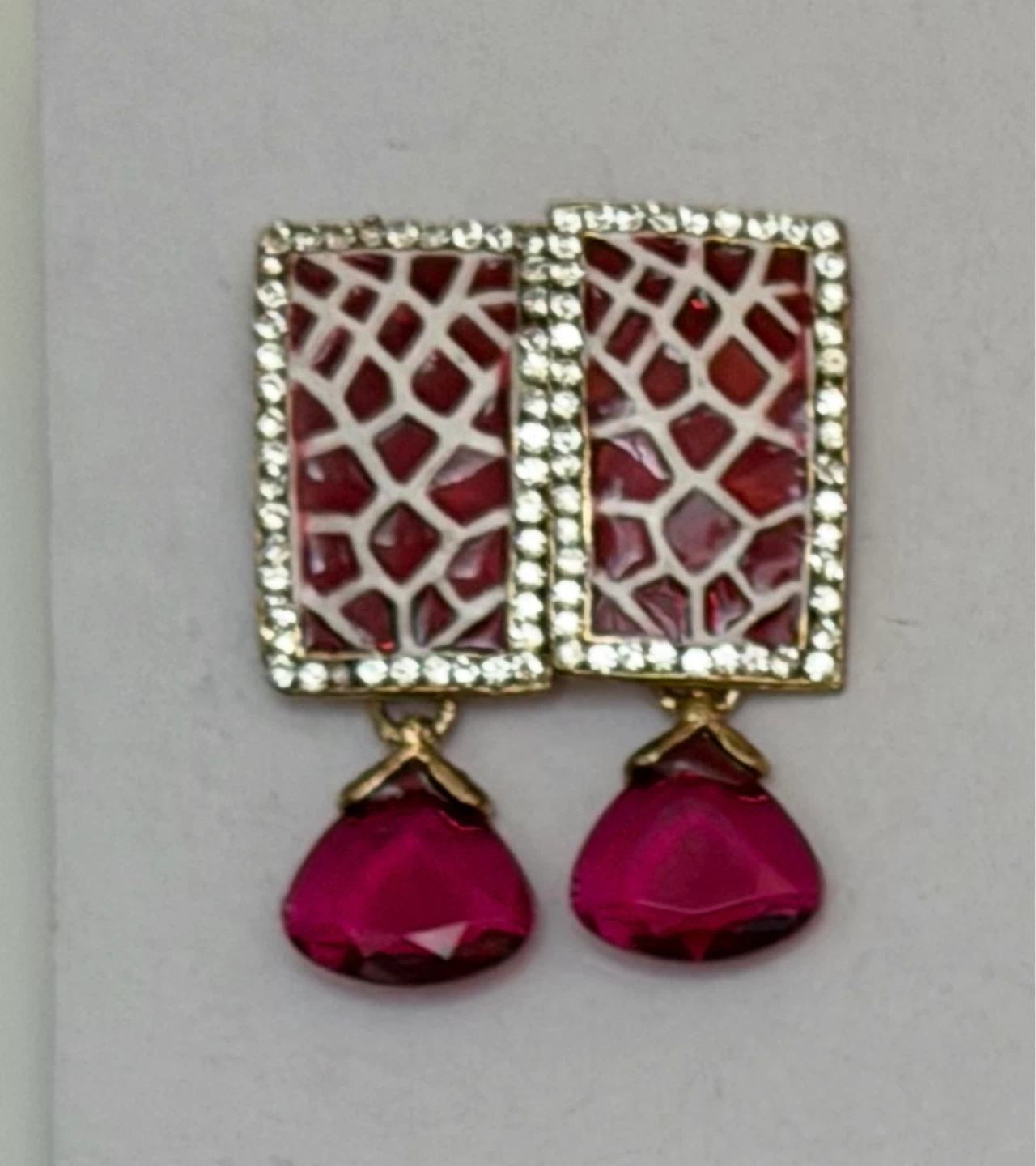 Gold-tone Rectangle Earrings with Pink and White Pattern