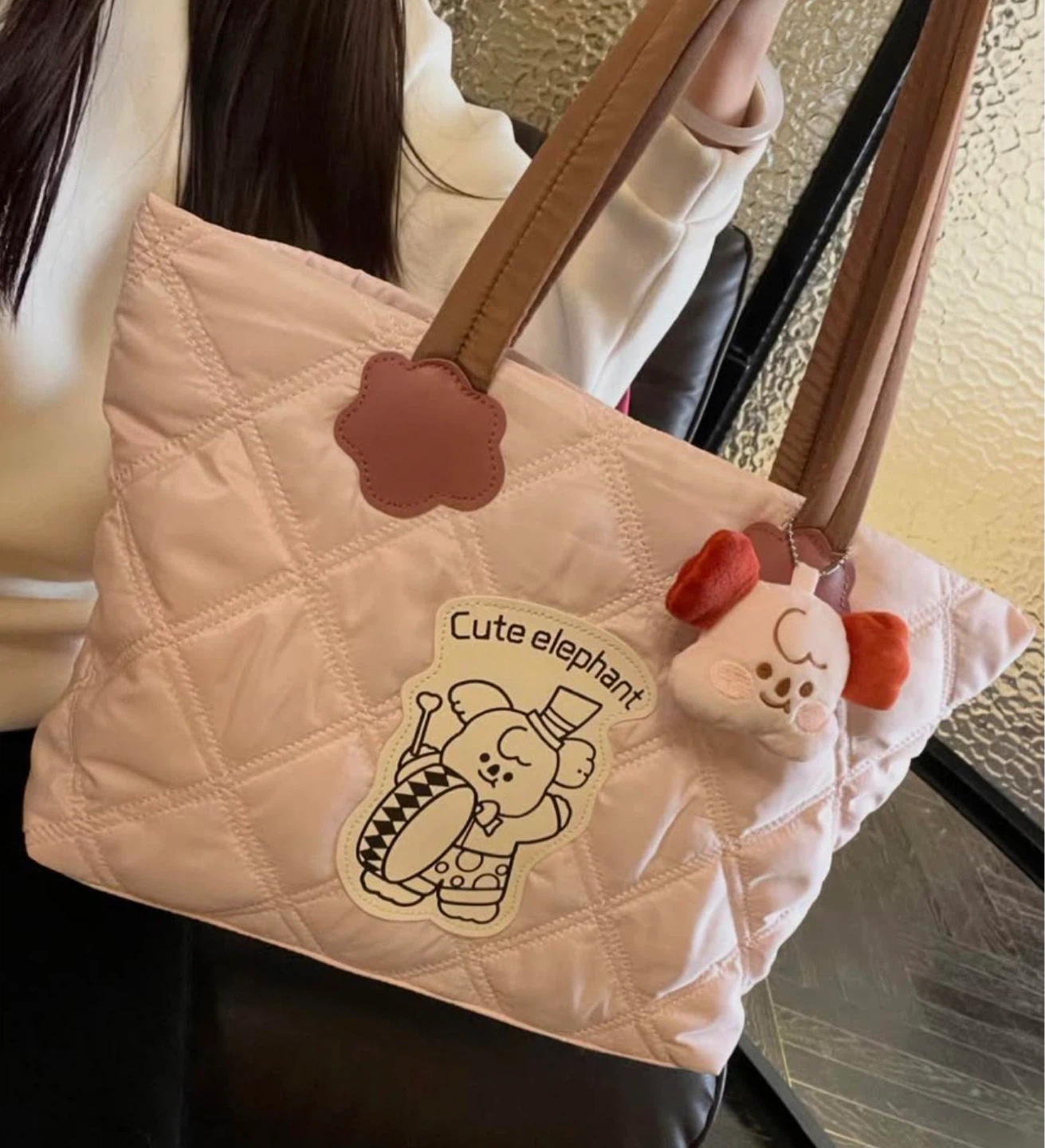 Pink Quilted Tote Bag with Cute Elephant Design