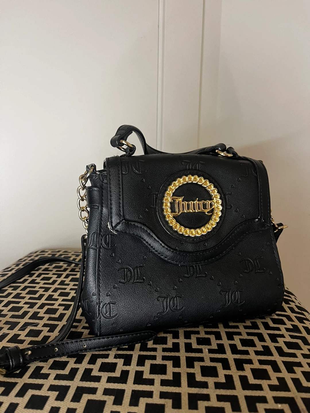 Juicy Couture Gold Logo Black Embossed Leather Crossbody Purse