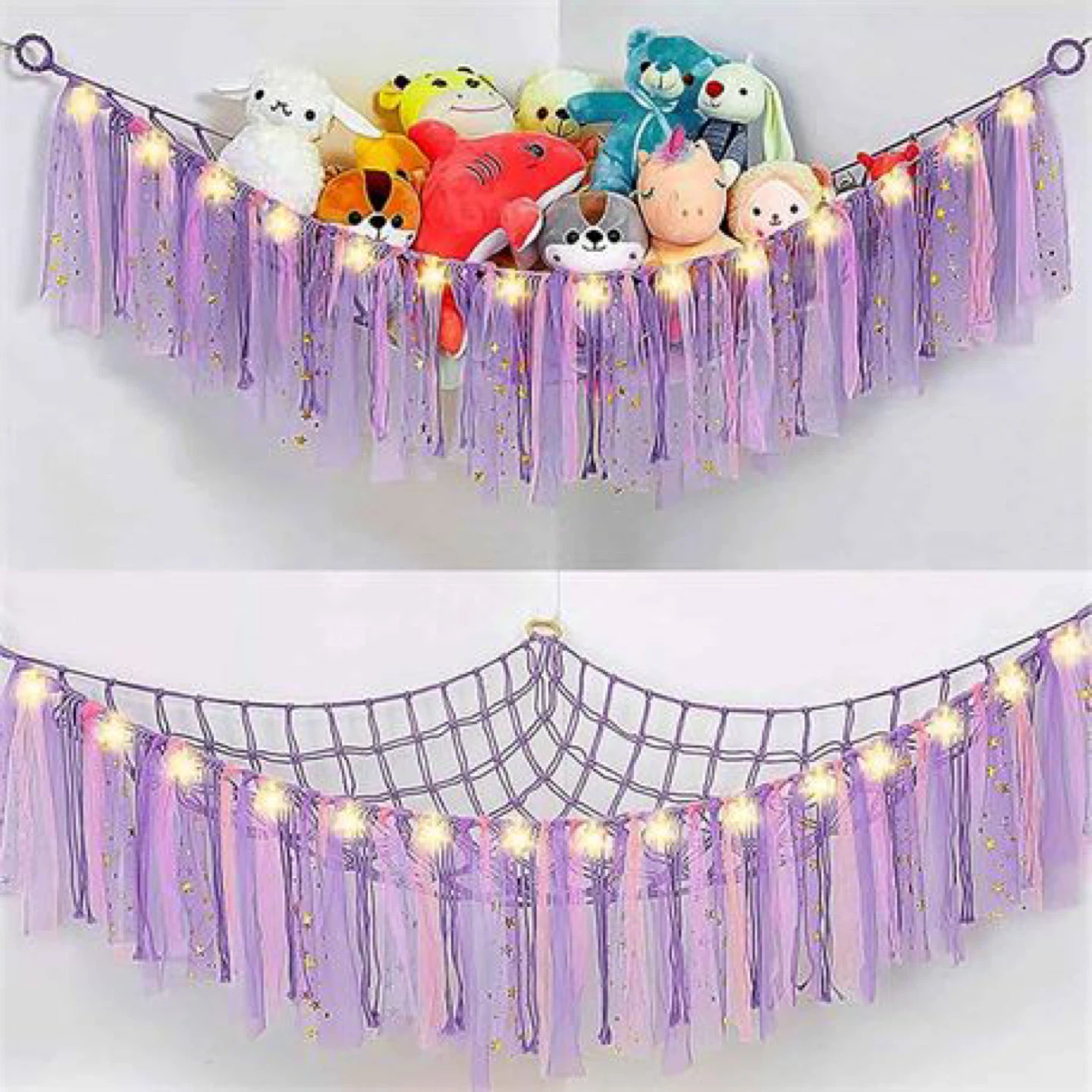 Stuffed Animal Hammock, Corner Toy Net with LED Lights