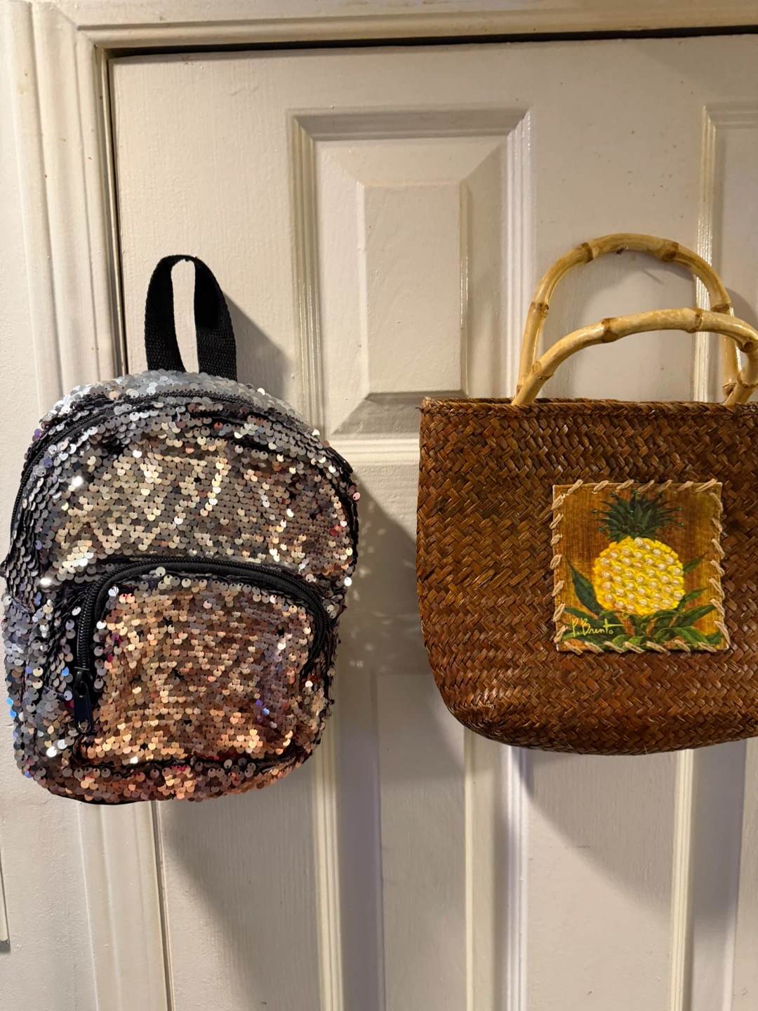 Sequin Mini Backpack and Woven Pineapple Bag