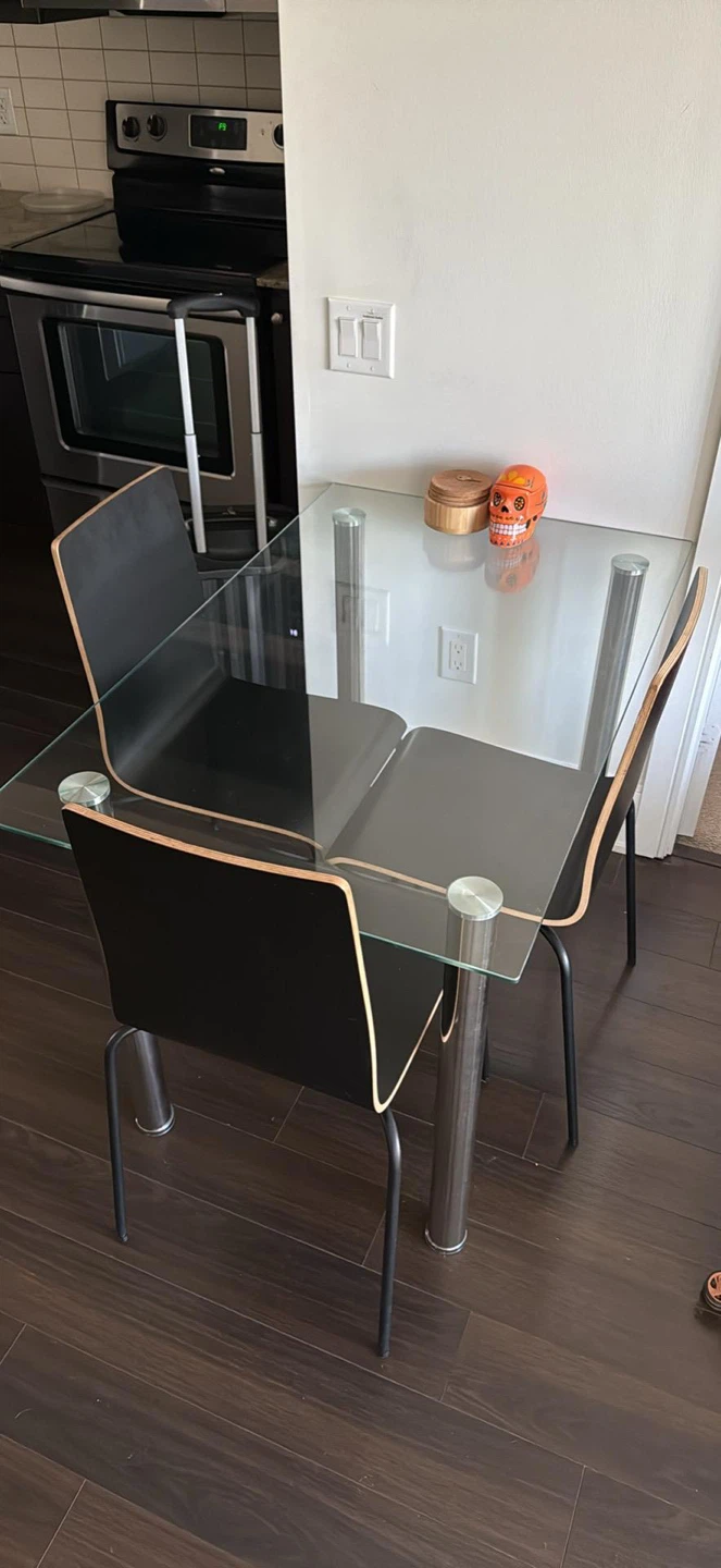 Set of 3 Black Dining Chairs & Glass dining table