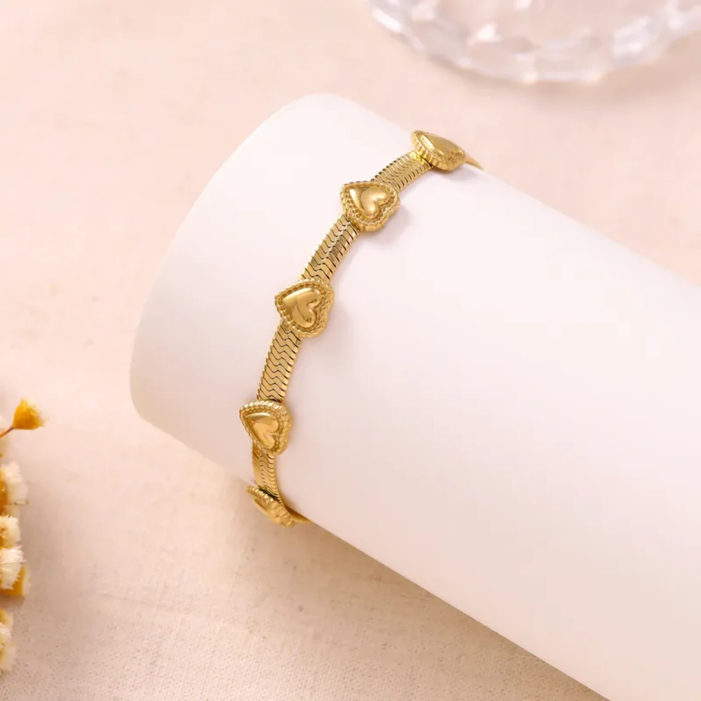 18K Gold Plated Heart Snake Chain Bracelet (Stainless Steel) - photo 2