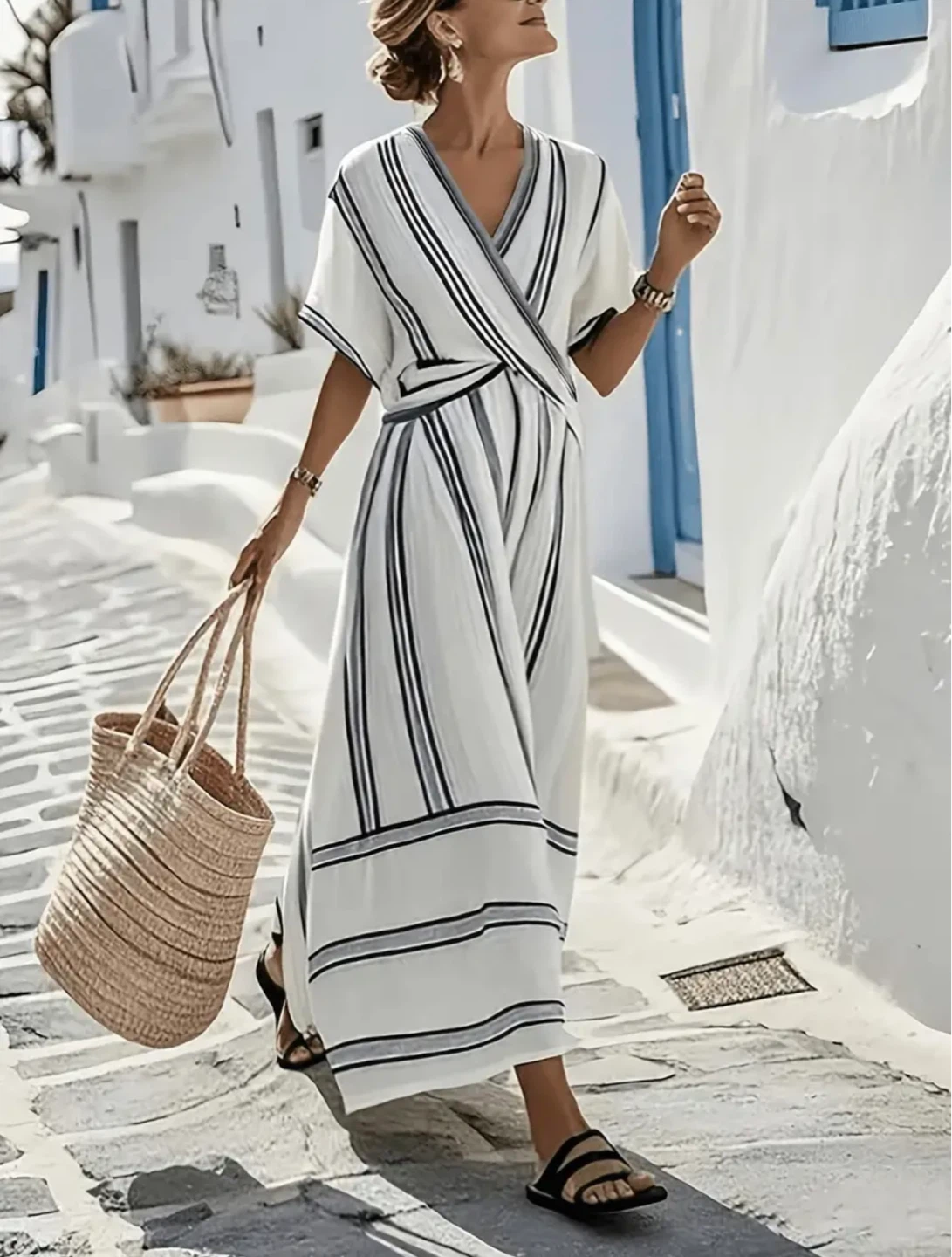 Women's Striped Wrap Maxi Dress