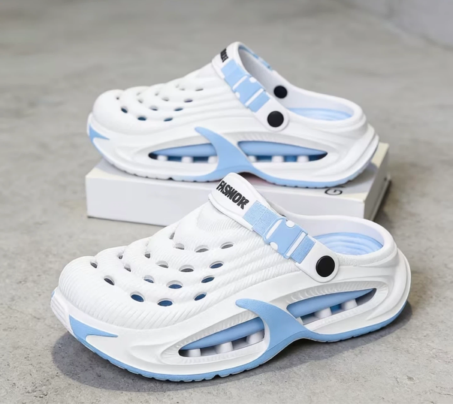 White & Blue FASHNOR Clog Sandals